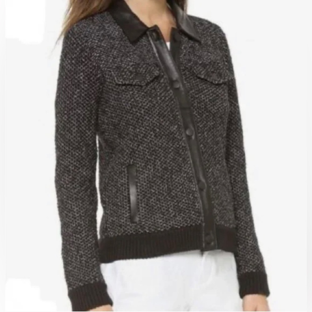 Rag & Bone Knit Shacket Black White Lamb Leather Trim Jacket XS NWOT